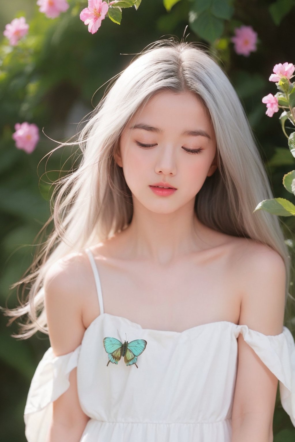 1girl, solo, long hair, breasts, dress, bare shoulders, collarbone, closed eyes, upper body, flower, white hair, small breasts, parted lips, hair flower, lips, floating hair, bug, wind, butterfly,Looking at viewer 