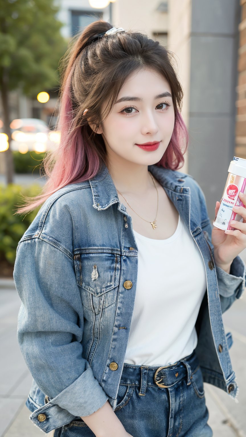 1girl, solo, long hair, looking at viewer, smile, shirt, hair ornament, jewelry, closed mouth, green eyes, jacket, white shirt, upper body, pink hair, open clothes, belt, necklace, bag, blurry, open jacket, lips, blue jacket, denim jacket