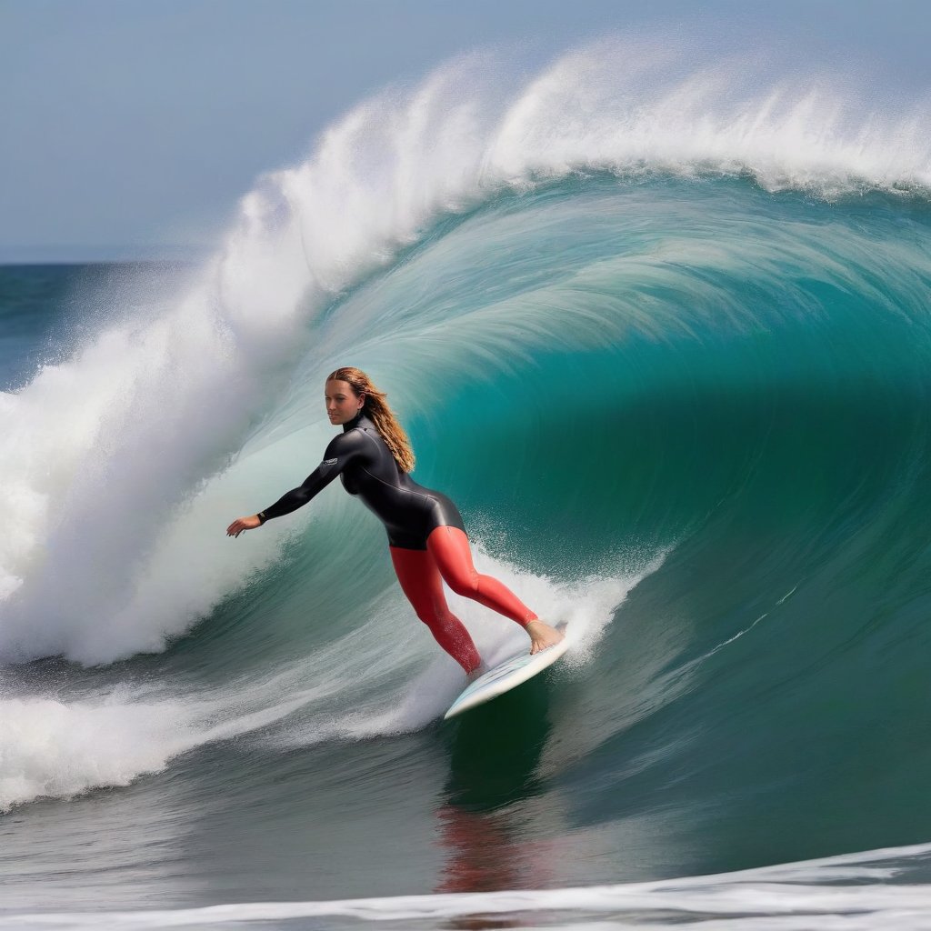  A breathtaking Olympic female surfer caught riding a massive wave. Her athletic body showcases both strength and grace, with long, toned legs that seem to stretch endlessly. Her lean, sculpted physique is accentuated by a form-fitting wetsuit, unzipped just enough to hint at her curves. She's captured in a dynamic pose atop her surfboard, body arched elegantly as she navigates the curl of the wave. Her muscular arms are extended for balance, every sinew defined, demonstrating power and control. Her sun-kissed face shows intense focus mixed with exhilaration, eyes locked on the wave ahead. Salt water droplets cling to her features, enhancing her natural beauty. Her long, wet hair streams behind her, adding to the sense of speed and motion. The background features a towering wave, its translucent blue-green waters contrasting with the surfer's board and wetsuit. Sprays of white foam accent the scene, emphasizing the wave's power. Use a vibrant color palette dominated by ocean blues and greens. Capture the juxtaposition of the surfer's feminine allure with her evident strength and skill, embodying the spirit of Olympic surfing. ,photorealistic:1.3, best quality, masterpiece,MikieHara,MagMix Girl