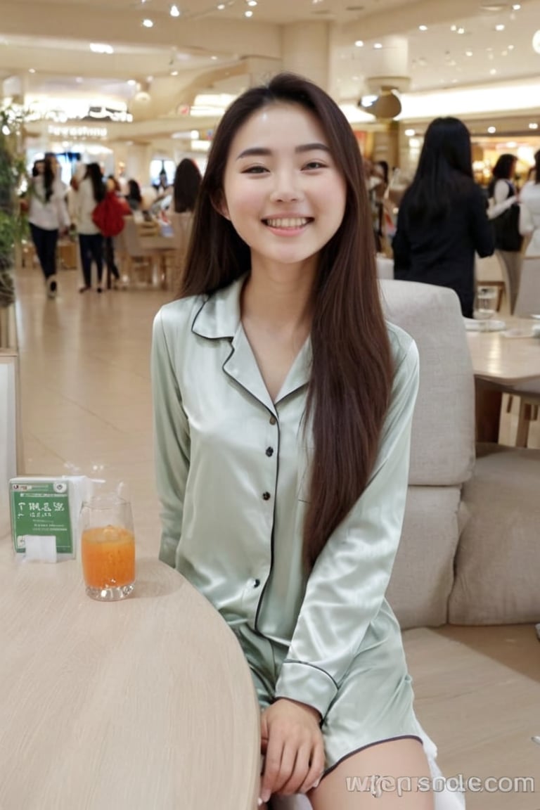 Full body shot front view of slim pretty Asian girl wearing long light colored pajamas, long hair, shy smiles, slim legs, at dining table in shopping mall, innocent look, crowd, more reasonable Details, fair skin, 1girl,, ENHANCE XL,4k,ENHANCE,ENHANCE Facial details