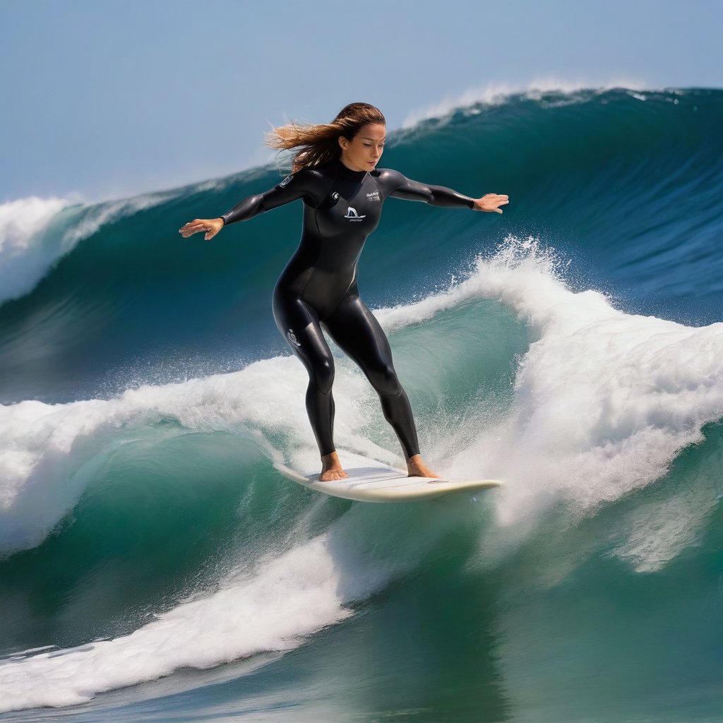  A breathtaking Olympic female surfer caught riding a massive wave. Her athletic body showcases both strength and grace, with long, toned legs that seem to stretch endlessly. Her lean, sculpted physique is accentuated by a form-fitting wetsuit, unzipped just enough to hint at her curves. She's captured in a dynamic pose atop her surfboard, body arched elegantly as she navigates the curl of the wave. Her muscular arms are extended for balance, every sinew defined, demonstrating power and control. Her sun-kissed face shows intense focus mixed with exhilaration, eyes locked on the wave ahead. Salt water droplets cling to her features, enhancing her natural beauty. Her long, wet hair streams behind her, adding to the sense of speed and motion. The background features a towering wave, its translucent blue-green waters contrasting with the surfer's board and wetsuit. Sprays of white foam accent the scene, emphasizing the wave's power. Use a vibrant color palette dominated by ocean blues and greens. Capture the juxtaposition of the surfer's feminine allure with her evident strength and skill, embodying the spirit of Olympic surfing. ,photorealistic:1.3, best quality, masterpiece,MikieHara,MagMix Girl