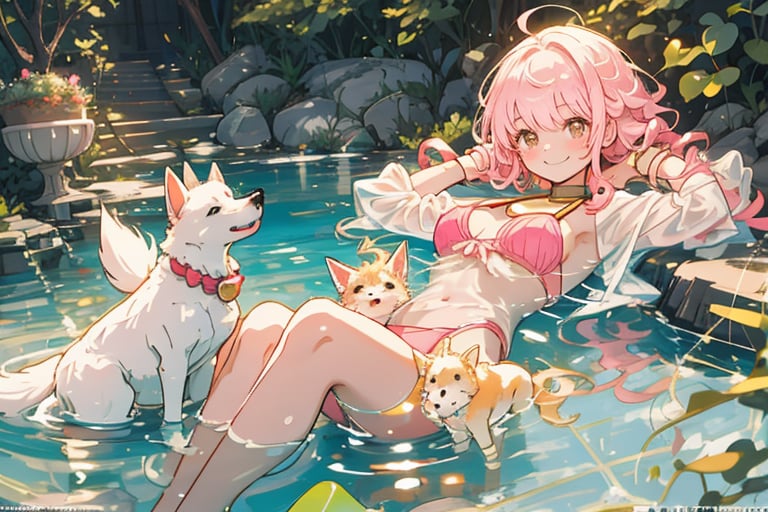 A serene summer scene: A young girl in a vibrant pink swimsuit floats effortlessly on her back at the edge of a crystal-clear pool, surrounded by a playful dog with a wagging tail and an inquisitive gaze. The warm sunlight casts a golden glow, highlighting the gentle ripples on the water's surface as she smiles tranquilly, the atmosphere radiating carefree joy.