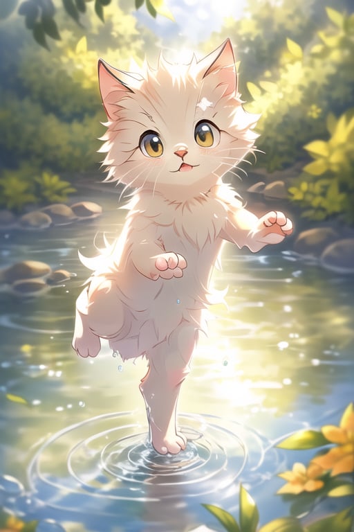 An adorable, playful kitten splashing in shallow, clear water, creating gentle ripples. The kitten has a fluffy, wet coat and wide, curious eyes, standing on its tiptoes in the water. The setting is a sunny, serene backyard with a small pond or water feature. The composition focuses on the kitten, with the water's surface and surrounding greenery providing a natural, calming backdrop. Soft, bright lighting enhances the kitten's playful expression and the sparkling water. The framing captures the kitten's joyful interaction with the water, emphasizing its cuteness and curiosity.