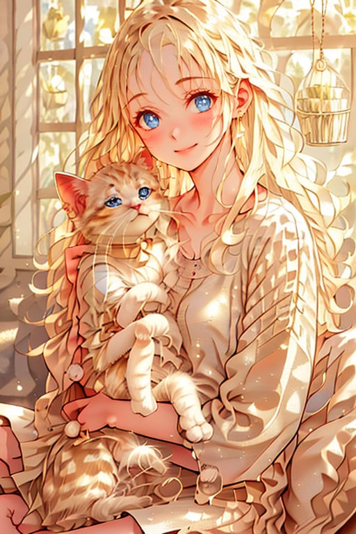 1girl, solo, long hair, looking at viewer, blush, smile, bangs, blue eyes, blonde hair, long sleeves, holding, jewelry, sitting, closed mouth, collarbone, upper body, earrings, day, indoors, blurry, sweater, lips, fingernails, parted bangs, window, blurry background, animal, sunlight, cat, light particles, holding animal, on lap, holding cat