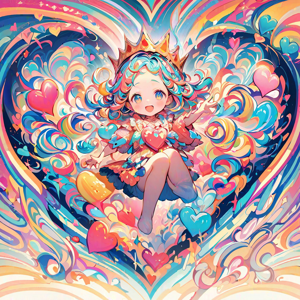 Whimsical illustration of a character radiating joy and affection, featuring exaggerated facial expressions and playful accessories. Multicolored hearts adorn their hair, while a giant heart-shaped object crowns their head, emphasizing themes of love and adoration. Against a vibrant, abstract backdrop with swirling patterns, the subject's dynamic pose exudes creativity and carefree enthusiasm, without discernible gender or racial features, evoking a sense of pure joy.