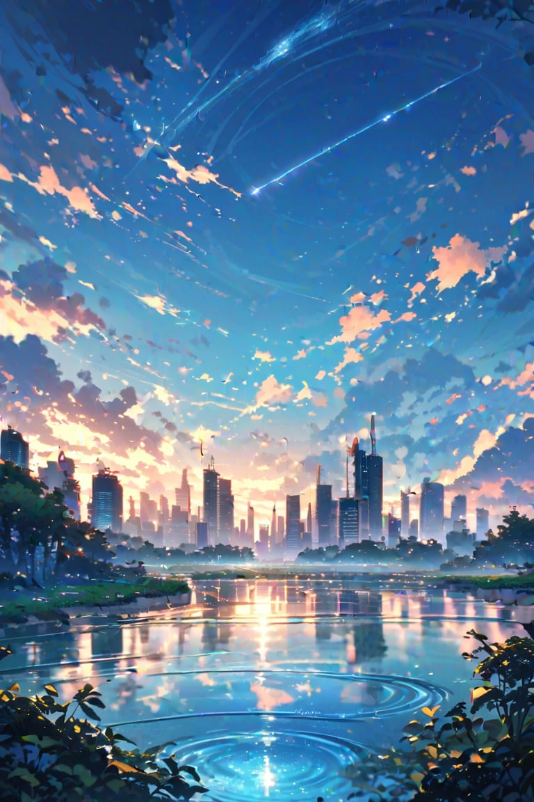 A serene outdoor scene: A vast expanse of blue sky stretches above a cityscape, where towering skyscrapers and sleek buildings stand amidst lush greenery. A tranquil body of water reflects the vibrant hues of the day, with a single tree standing sentinel on its banks. A cloud drifts lazily across the sky, mirroring the gentle ripples on the water's surface. In the distance, an aircraft soars by, leaving a contrail against the brilliant blue backdrop. The city's steel and glass façades glint in the sunlight, while a sturdy bridge spans the waterway, connecting the urban landscape to the natural world.