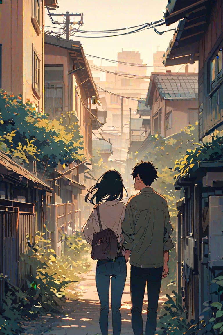 The image depicts a scene from an anime-style illustration. Two characters, likely the main subjects, are in the foreground; one appears to be a male with short black hair and the other a female with long black hair. They are smiling and seem to be enjoying each other's company. The background suggests a suburban setting with houses, power lines, and a clear sky. The color palette is vibrant with a mix of greens from the foliage, blues from the sky, and earth tones from the buildings and street. There's no text present in the image.