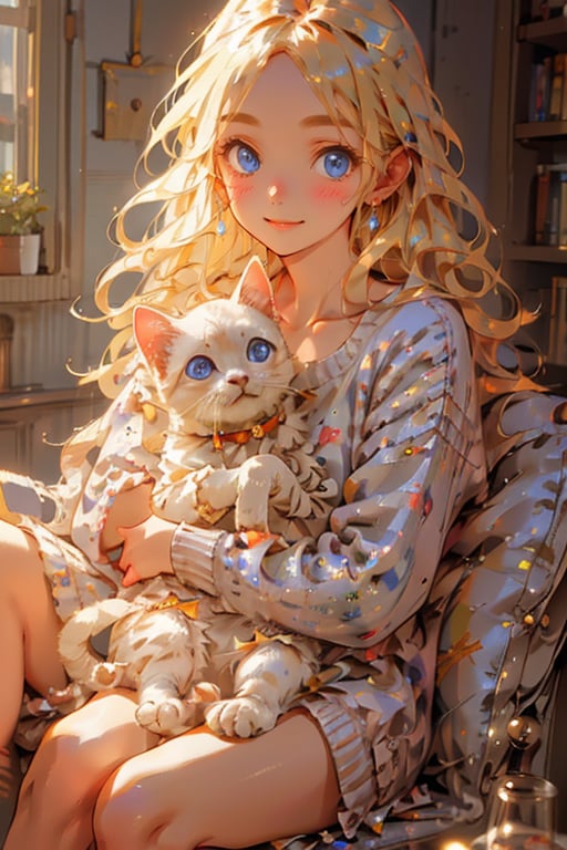 A young woman with long blonde hair and blue eyes sits comfortably indoors, looking directly at the viewer with a warm smile. Her bangs are parted to reveal a subtle blush on her cheeks. She's dressed in a cozy sweater and holding a adorable cat on her lap. closed-mouth expression, with her lips subtly curved upwards. Her fingernails are polished and her collarbone is exposed beneath her long sleeves.