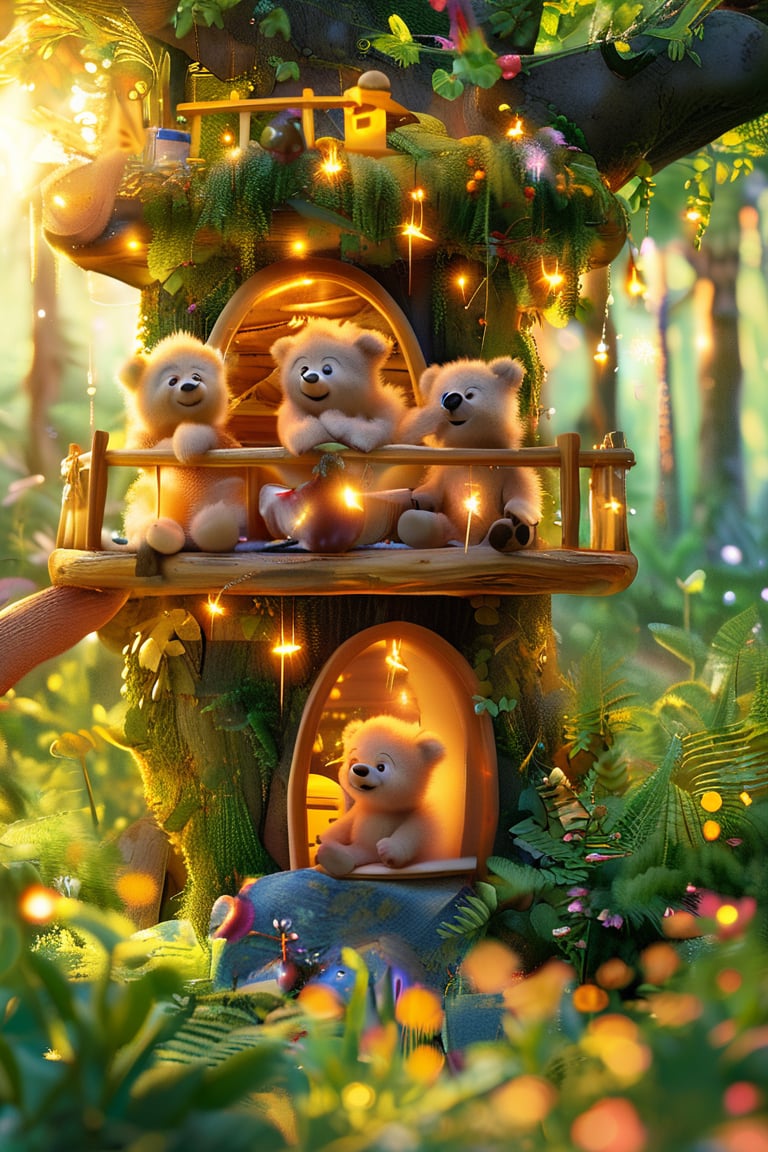 Morning sunlight filters through the forest canopy, casting a warm golden glow upon a trio of chummy bear cubs as they gather around their whimsical treehouse. Tiny streamers and twinkling fairy lights adorn the wooden slats, softly aglow like stars. Lush greenery and vibrant wildflowers surround the friends, who sit amidst the verdant scenery with fur fluffed up in delight.