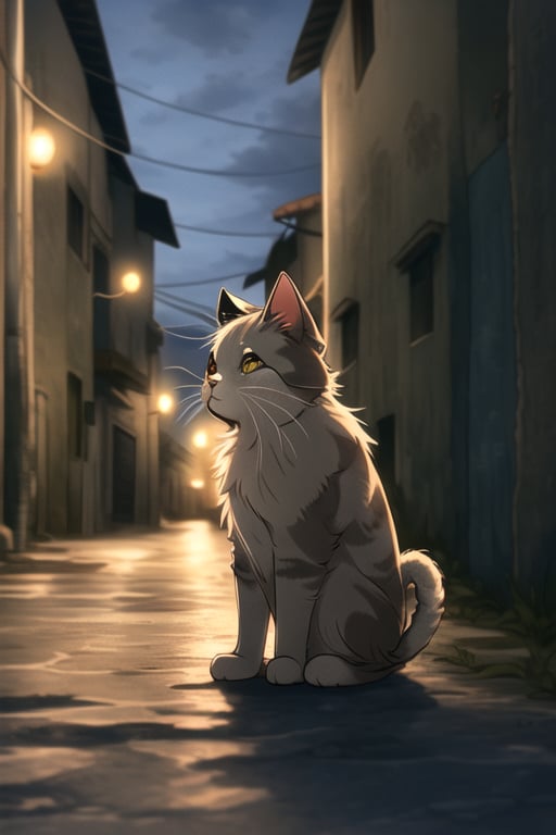 A poignant scene of a solitary, sad cat sitting in the middle of a dimly lit, deserted street at dusk. The cat's posture is hunched, ears drooped, and eyes reflecting a hint of streetlight, conveying a sense of melancholy. The street is lined with old, weathered buildings, adding to the forlorn atmosphere. The composition focuses on the cat, framed slightly from the side, with the empty street stretching into the distance, emphasizing its loneliness. Soft, ambient lighting highlights the cat's fur and the textures of the street and buildings.