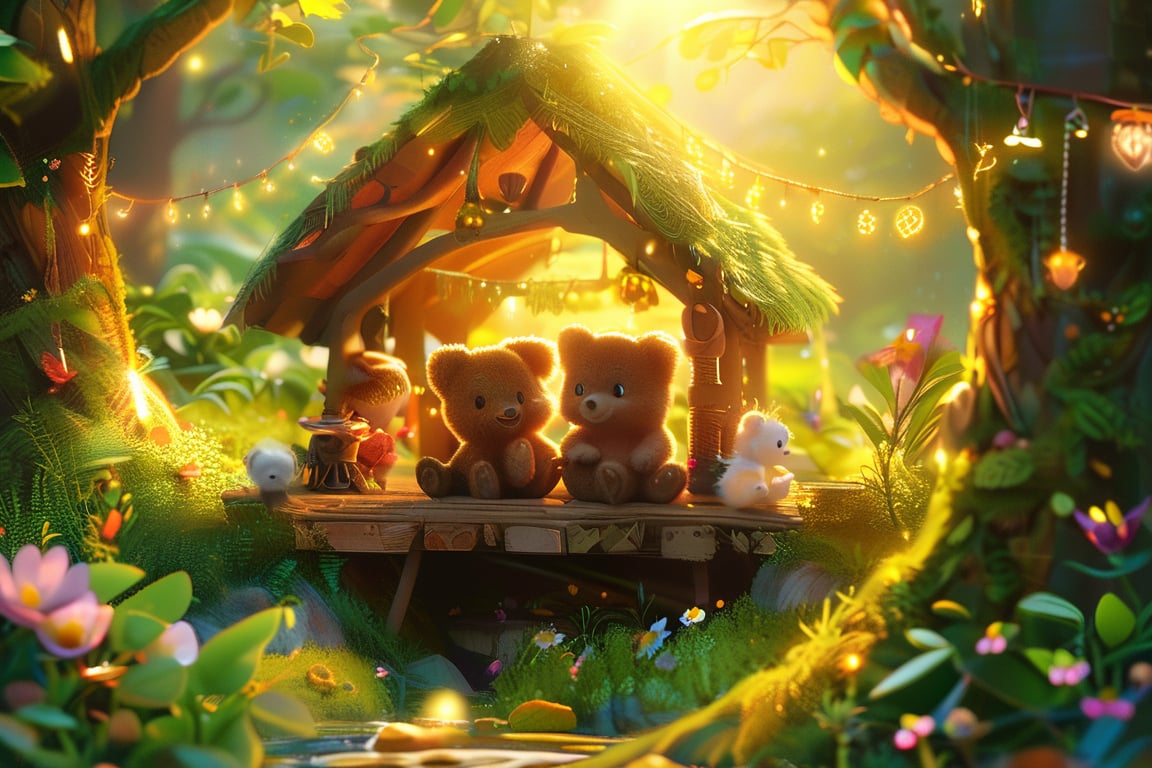 A whimsical morning scene: A tiny bear cub sits amidst his chummy friends in a sun-dappled forest, surrounded by lush greenery and vibrant wildflowers. The trio gathers around a cozy treehouse, its wooden slats adorned with colorful streamers and twinkling fairy lights, softly glowing like tiny stars. The rising sun casts a warm golden light on the friends' fur, fluffed up in delight.