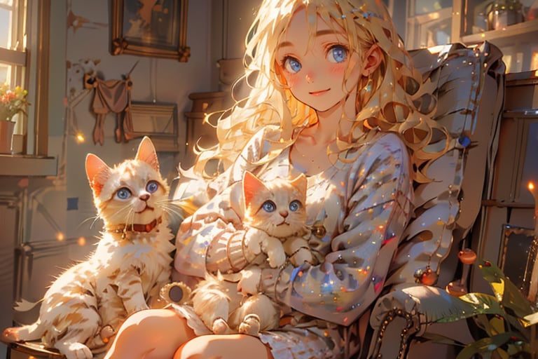 A young woman with long blonde hair and blue eyes sits comfortably indoors, looking directly at the viewer with a warm smile. Her bangs are parted to reveal a subtle blush on her cheeks. She's dressed in a cozy sweater and holding a adorable cat on her lap. The animal's blurry background allows sunlight to stream through the window,  closed-mouth expression, with her lips subtly curved upwards. Her fingernails are polished and her collarbone is exposed beneath her long sleeves.