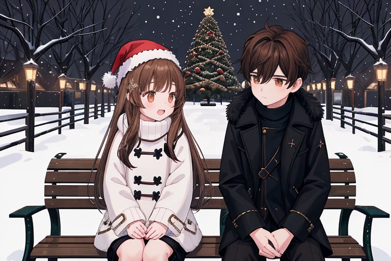 A warm winter scene: A girl with long brown hair and a boy with bright brown eyes sit together on a park bench surrounded by a Christmas tree adorned with sparkling ornaments. The girl wears a cozy turtleneck sweater under a black coat with fur trim, while the boy dons a black jacket over his white sweater. They hold hands, their fingers intertwined as they gaze at the snow-covered landscape. The boy's brown boots and the girl's lace-up boots are crossed-laced on the bench, while her handbag sits beside them. In the background, snowflakes gently fall onto the Christmas lights and decorations, creating a magical atmosphere under the night sky.