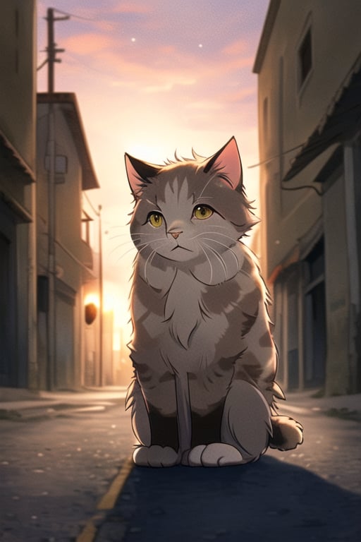 A poignant scene of a solitary, sad cat sitting in the middle of a dimly lit, deserted street at dusk. The cat's posture is hunched, ears drooped, and eyes reflecting a hint of streetlight, conveying a sense of melancholy. The street is lined with old, weathered buildings, adding to the forlorn atmosphere. The composition focuses on the cat, framed slightly from the side, with the empty street stretching into the distance, emphasizing its loneliness. Soft, ambient lighting highlights the cat's fur and the textures of the street and buildings.