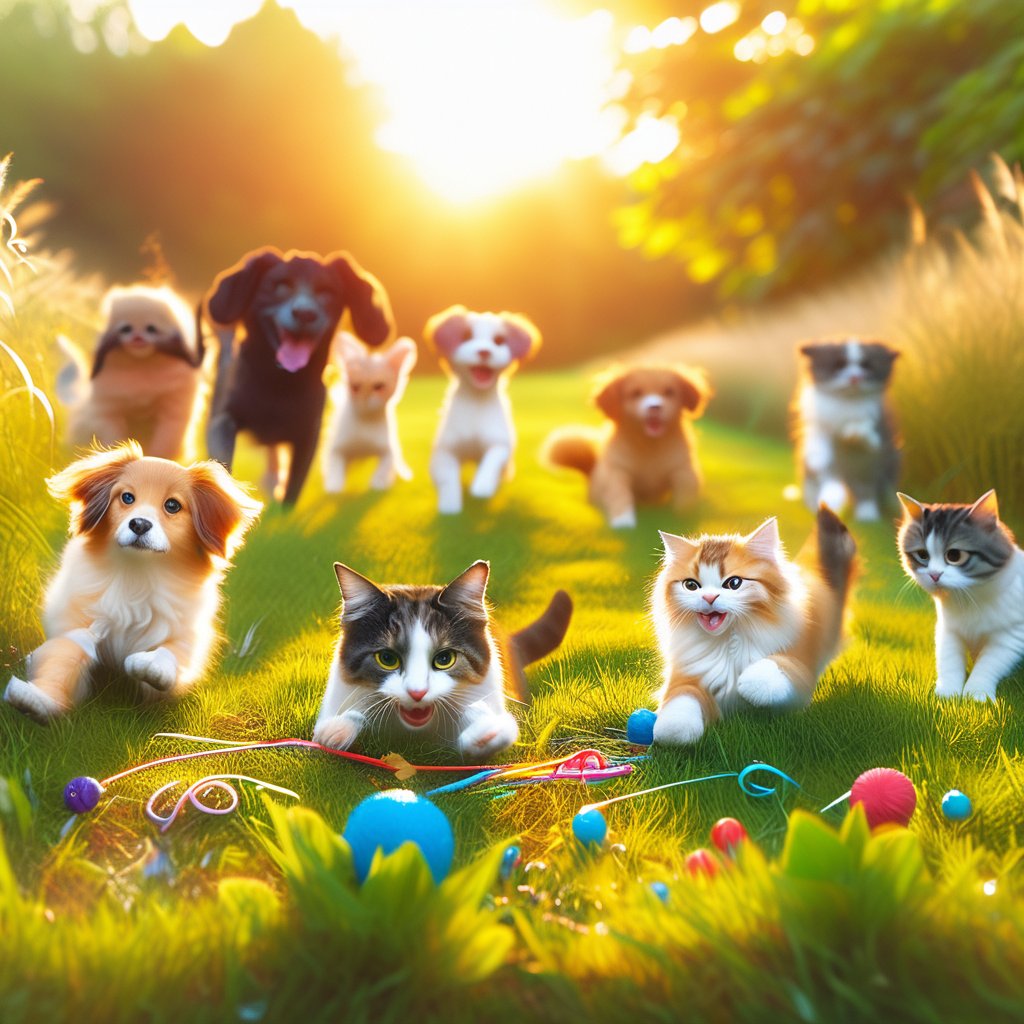 A whimsical scene unfolds in a lush meadow, where adorable cats and playful dogs frolic together amidst vibrant greenery. The camera captures the joyous moment as they chase each other, pouncing on toys and tangled grass. Warm sunlight casts a golden glow, highlighting their joyful antics.