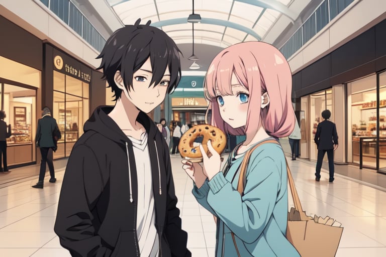 anime style digital art. boy buying donut in mall 
