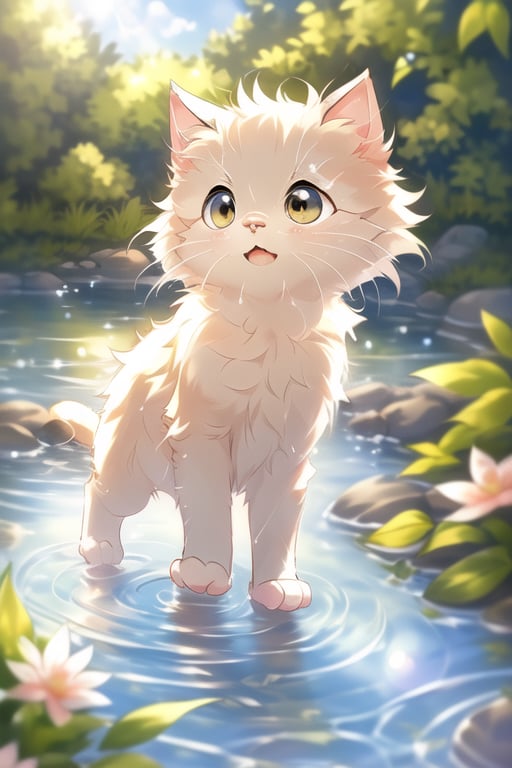 An adorable, playful kitten splashing in shallow, clear water, creating gentle ripples. The kitten has a fluffy, wet coat and wide, curious eyes, standing on its tiptoes in the water. The setting is a sunny, serene backyard with a small pond or water feature. The composition focuses on the kitten, with the water's surface and surrounding greenery providing a natural, calming backdrop. Soft, bright lighting enhances the kitten's playful expression and the sparkling water. The framing captures the kitten's joyful interaction with the water, emphasizing its cuteness and curiosity.