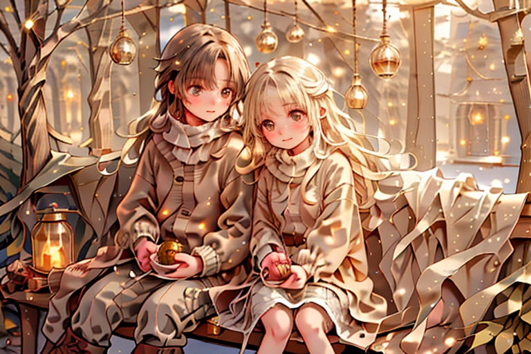 A warm winter scene: A girl with long brown hair and a boy with bright brown eyes sit together on a park bench surrounded by a Christmas tree adorned with sparkling ornaments. The girl wears a cozy turtleneck sweater under a black coat with fur trim, while the boy dons a black jacket over his white sweater. They hold hands, their fingers intertwined as they gaze at the snow-covered landscape. The boy's brown boots and the girl's lace-up boots are crossed-laced on the bench, while her handbag sits beside them. In the background, snowflakes gently fall onto the Christmas lights and decorations, creating a magical atmosphere under the night sky.