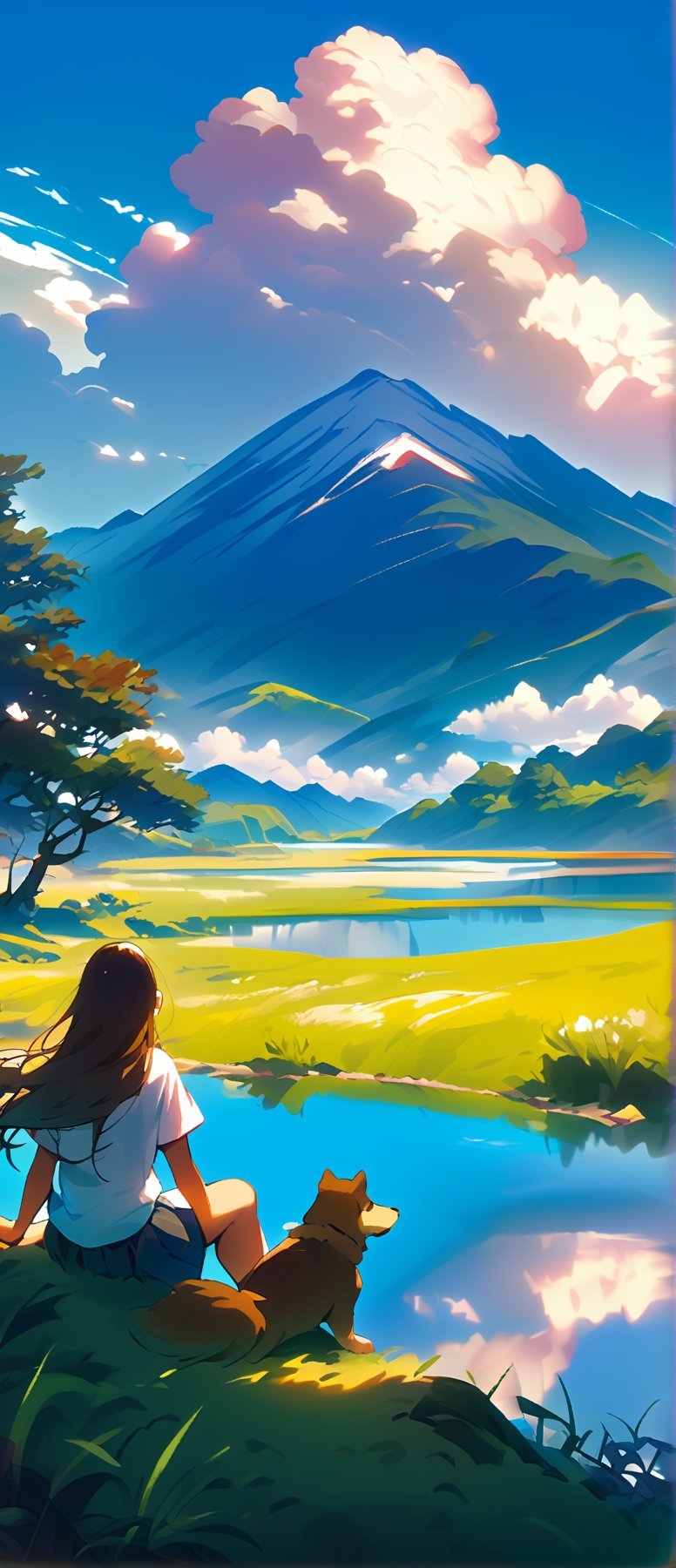 1girl, long hair, skirt, brown hair, shirt, black hair, 1boy, sitting, white shirt, short sleeves, outdoors, sky, day, cloud, water, from behind, tree, blue sky, cloudy sky, grass, scenery, dog, mountain, facing away