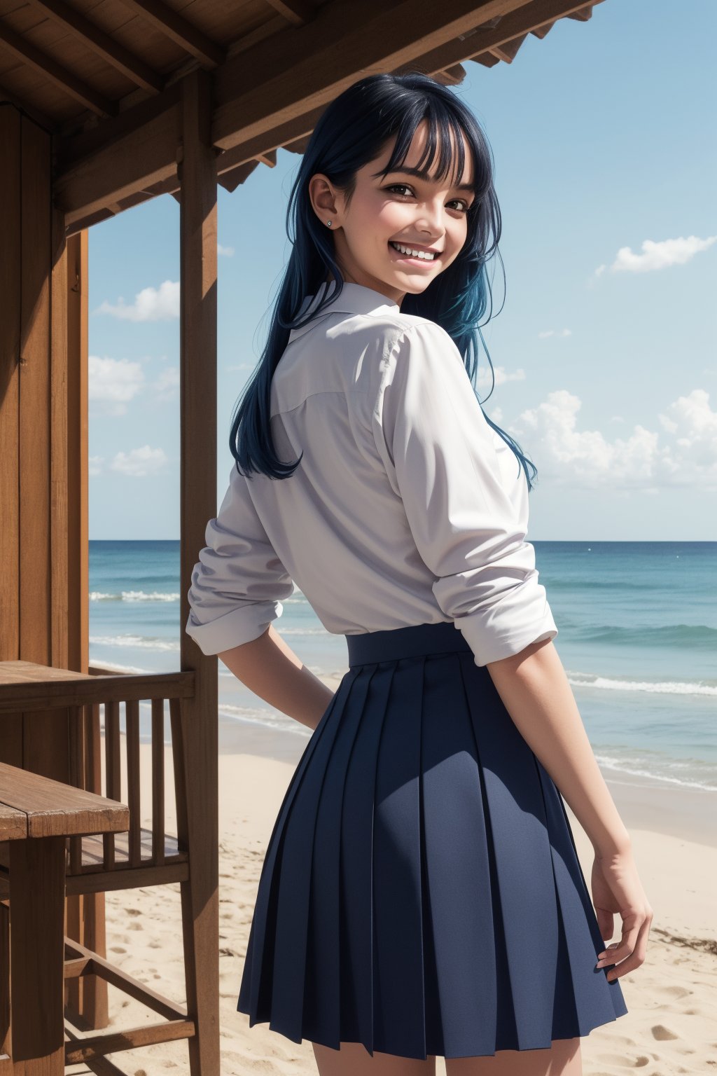 masterpiece, best quality, highres, aaanna, long hair, brown eyes, collarbone, collared shirt, white shirt, sleeves rolled up, pleated skirt, blue skirt, miniskirt, lora:yamada_anna_v1:0.7, outdoors, standing, cowboy shot, popsicle, holding, food, open mouth, masterpiece, best quality, oil painting ,post-impressionist,John Singer Sargent,hyperrealistic,(photorealistic:1.5),
ultra detailed,8k illustration,extremely detailed CG unity 8k wallpaper,best quality,absurdres,official art,detailed skin texture, detailed cloth texture,intricate details, ultra detailed, best lighting,ultra high res,8k uhd,dramatic lighting,delicate,BREAK,
1 girl,AnnaYamada, blue hair, brown eyes,smiling,hands on her hair,
skirt, shirt, school uniform, white shirt, pleated skirt, collared shirt, sweatdrop, blue skirt, pocket, shirt tucked in,
cowboy shot,looking back,(smiling:1.5),blush,bashful,looking at viewer,
raw barefoot, 
BREAK outside,beach,browing wing,(sea:1.5),sunlight,back lighting,
 lora:AnnaYamada:0.6,
from front,dynamic pose,dynamic angle, lora:Mikimoto_haruhiko_style_v02:0.1