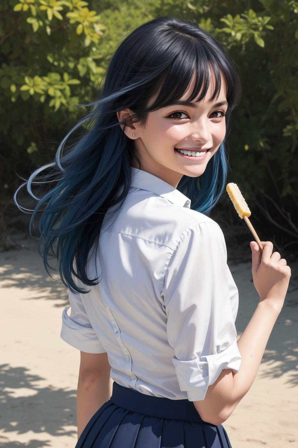 masterpiece, best quality, highres, aaanna, long hair, brown eyes, collarbone, collared shirt, white shirt, sleeves rolled up, pleated skirt, blue skirt, miniskirt, lora:yamada_anna_v1:0.7, outdoors, standing, cowboy shot, popsicle, holding, food, open mouth, masterpiece, best quality, oil painting ,post-impressionist,John Singer Sargent,hyperrealistic,(photorealistic:1.5),
ultra detailed,8k illustration,extremely detailed CG unity 8k wallpaper,best quality,absurdres,official art,detailed skin texture, detailed cloth texture,intricate details, ultra detailed, best lighting,ultra high res,8k uhd,dramatic lighting,delicate,BREAK,
1 girl,AnnaYamada, blue hair, brown eyes,smiling,hands on her hair,
skirt, shirt, school uniform, white shirt, pleated skirt, collared shirt, sweatdrop, blue skirt, pocket, shirt tucked in,
cowboy shot,looking back,(smiling:1.5),blush,bashful,looking at viewer,
raw barefoot, 
BREAK outside,beach,browing wing,(sea:1.5),sunlight,back lighting,
 lora:AnnaYamada:0.6,
from front,dynamic pose,dynamic angle, lora:Mikimoto_haruhiko_style_v02:0.1