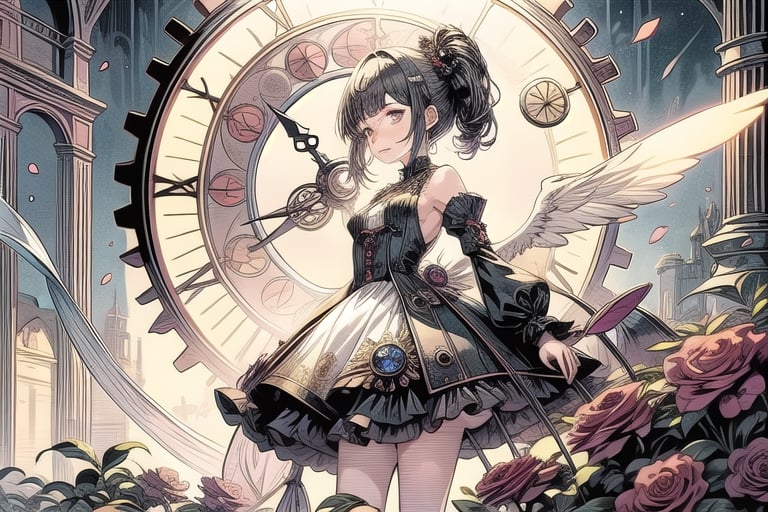 Eyes, clockpunk, fantasy, vines, dark sun, lens flare, vibrant color, solo_female, petite, loli, petanko, flat_chest , slender, full_body, tiny_breasts , tiny_female, gothic_lolita, gosurori, maid_outfit, victorian, shoulder_armour,white_glove, clock,blunt bangs,frilled_dress
