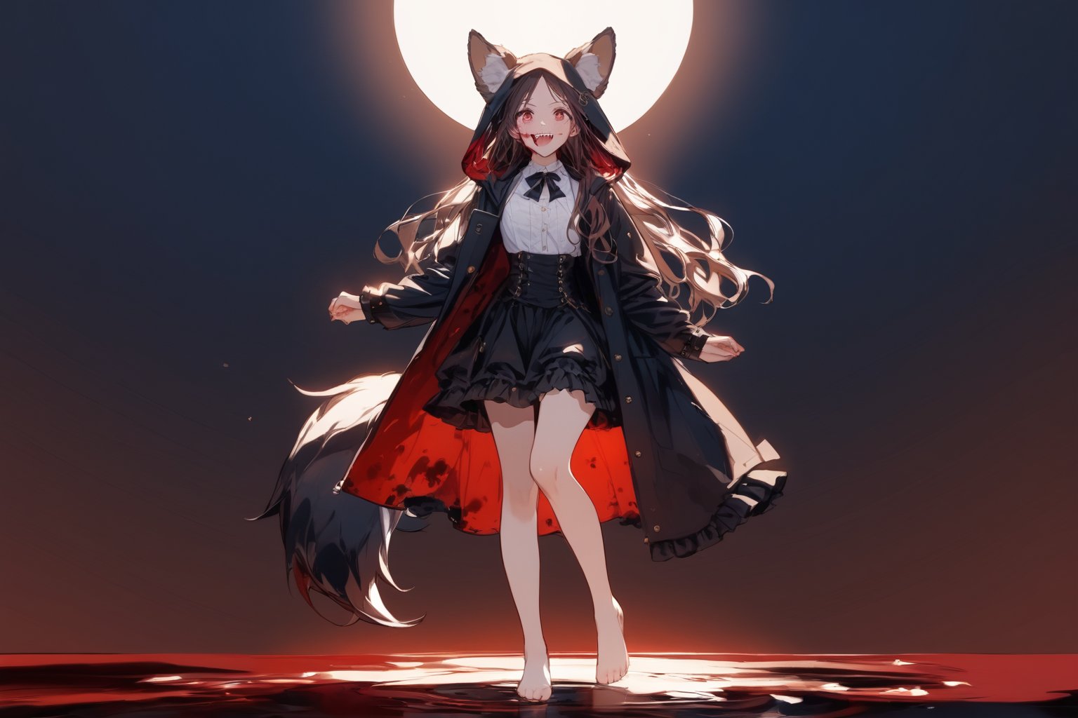 female_solo , slender, full_body, long_hair , wavy_hair, red_eye, dog_ears, dog_tail, bright_pupils, bare_foot , excited, pointy_teeth, gothic_lolita , victoria , steampunk , dark background, blood_on_face , fully_dressed, hooded_jacket , open cloak