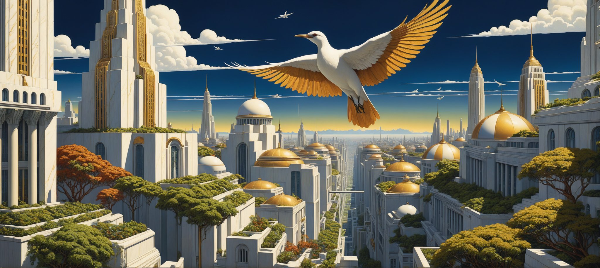 (Futuristic city art), 1920s dream image of the big cities of the future, White marble city with golden details. Art Deco style, (low perspective: 1.2), dark blue sky, (in the style of Winsor McCay: 1.2), Gardens on all roofs and vertical plants, deep colors, Dramatic background. Flying bird like craft, minimal vector, retro, old fashioned, Pompous city, Sculptures