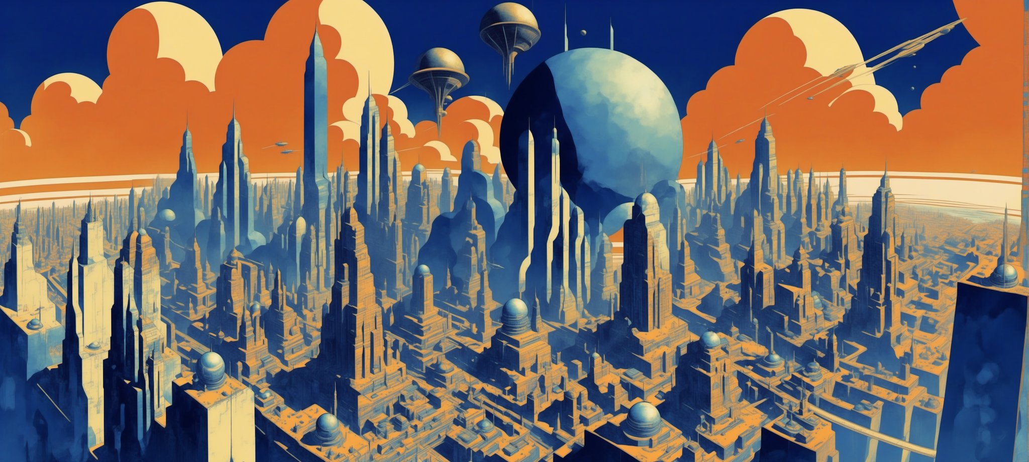 (Futuristic city art), 1920s dream image of the big cities of the future, Art Deco style, (aerial perspective: 1.2), dark blue sky, (in the style of Winsor McCay: 1.2), deep colors, Dramatic background, minimal vector, retro, old fashioned, Pompous city, Sculptures,art_booster