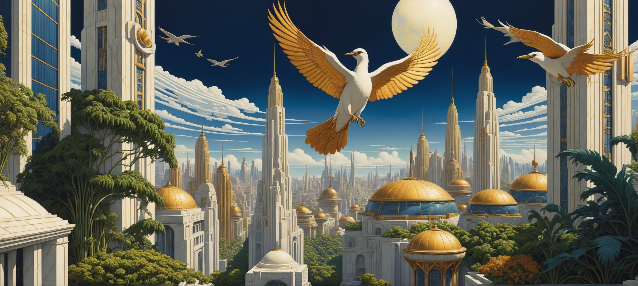 (Futuristic city art), 1920s dream image of the big cities of the future, White marble city with golden details. Art Deco style, (low perspective: 1.2), dark blue sky, (in the style of Winsor McCay: 1.2), Gardens on all roofs and vertical plants, deep colors, Dramatic background. Flying bird like craft, minimal vector, retro, old fashioned, Pompous city, Sculptures