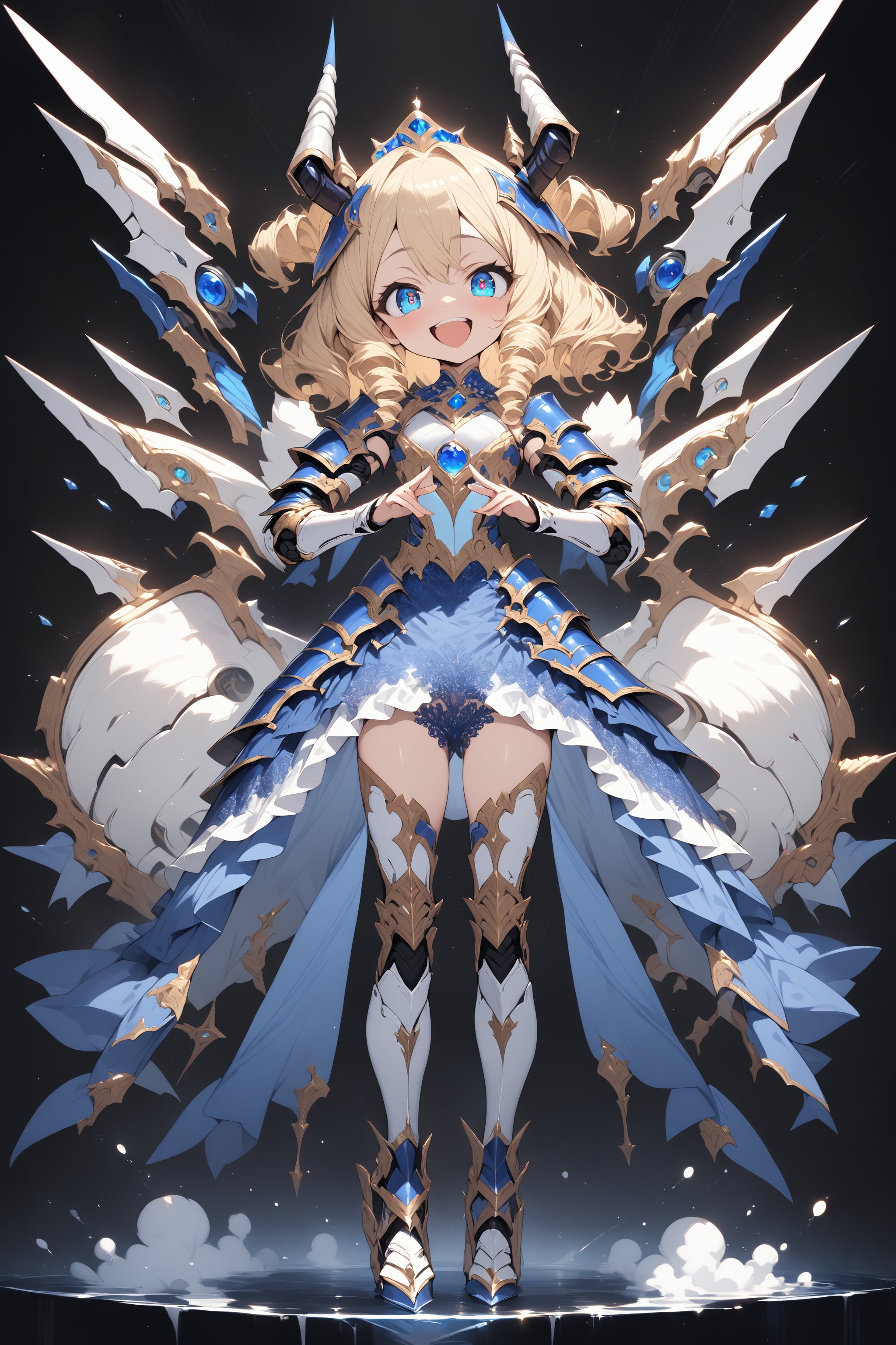 Prompts: masterpiece, best quality, extremely detailed, high resolution, Japanese anime,1girl,blonde hair, (short length hair:1.4), side braid hair, curly hair, wavy hair, drill hair, curl outward hair, (mechanical horn:1.5), mechanical wing, (blue eyes:1.5), (beautiful detailed eyes:1.4), laugh, 130cm tall, original character, fantasy, (black background:1.2), (full body:1.8), beautiful fingers, standing, (blue gold lace frill armor dress:1.5), (bejeweled headgear:1.5) , shoot from front, looking at viewer 

