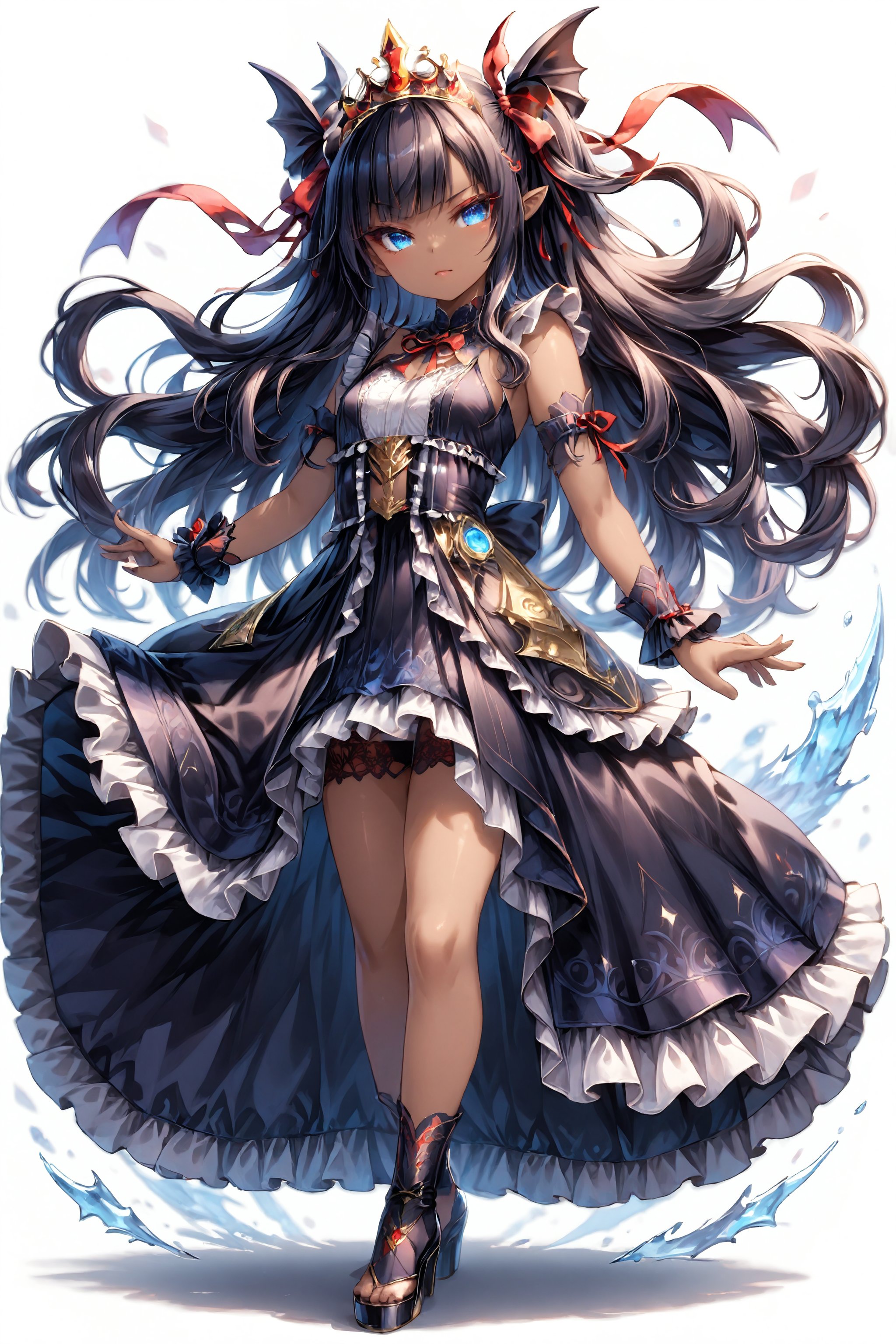 score_9, score_8_up, score_7_up, best quality ,masterpiece, 4k, Japanese anime, 1girl,(dark skin:1.2), (long length hair:1.2), curly hair, black hair, little breasts, (eye lashes:1.3), (eye shadow:1.3), blue eyes, (beautiful detailed eyes:1.4), grim, red cheek, 130cm tall, original character, fantasy, (demon wing:1.5),(White background:1.5), beautiful fingers, (blue gold lace frill Gothic dress:1.5), (red tiara:1.5) ,(head ribbon:1.5), fighting pose ,full body, shoot from front, looking at viewer ,mirham,scenery,glass