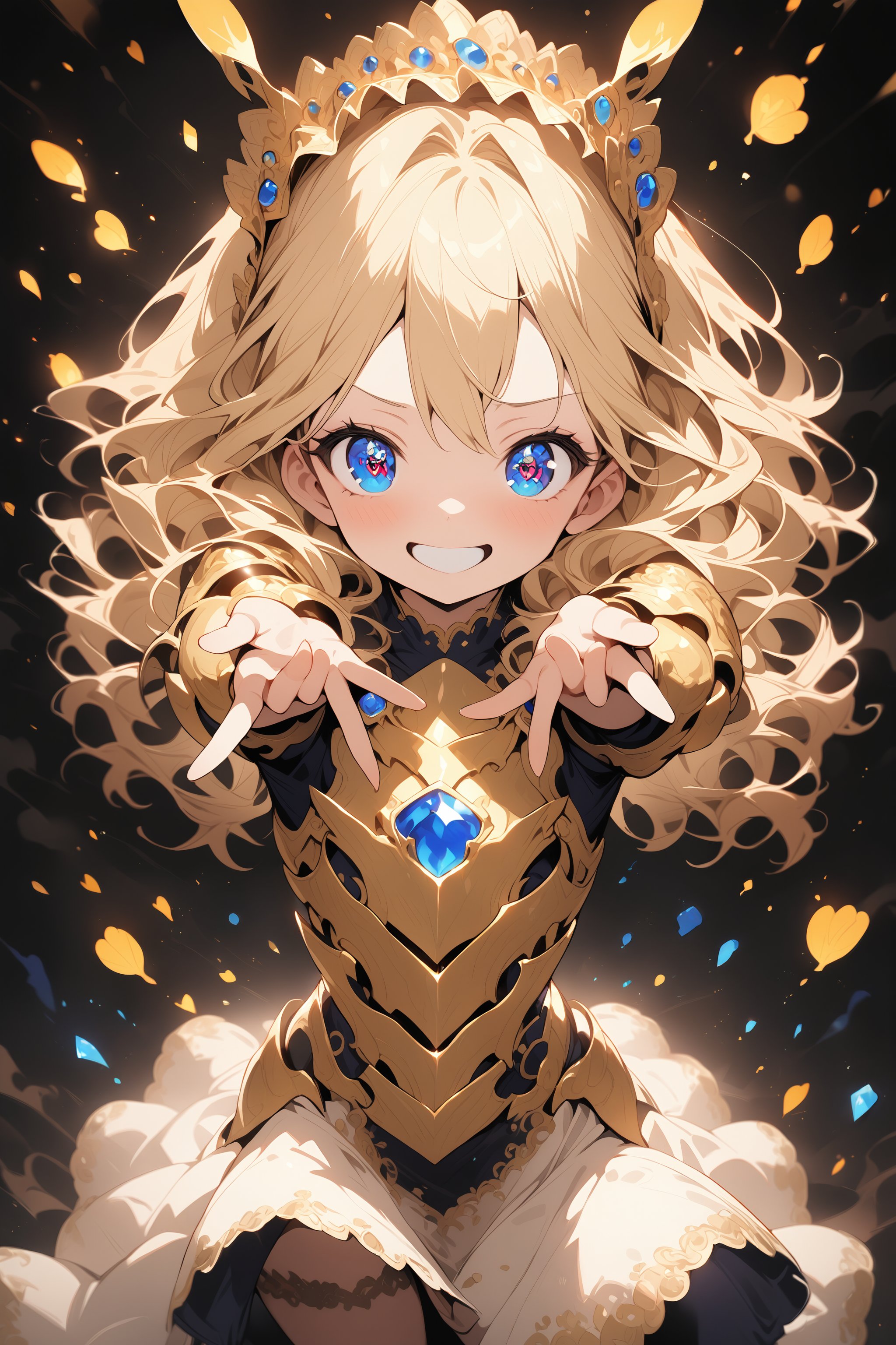 masterpiece, best quality, extremely detailed, high resolution, Japanese anime,1girl, blonde hair, (medium length hair:1.4), side braid hair, curly hair, wavy hair, drill hair, curl outward hair, (blue eyes:1.5), (beautiful detailed eyes:1.4), laugh, 12 -year-old , 145cm tall, original character, fantasy, (black background:1.2), full body, beautiful fingers, standing, (gold lace armor dress:1.5), (bejeweled headdress:1.5) , shoot from front, looking at viewer  ,