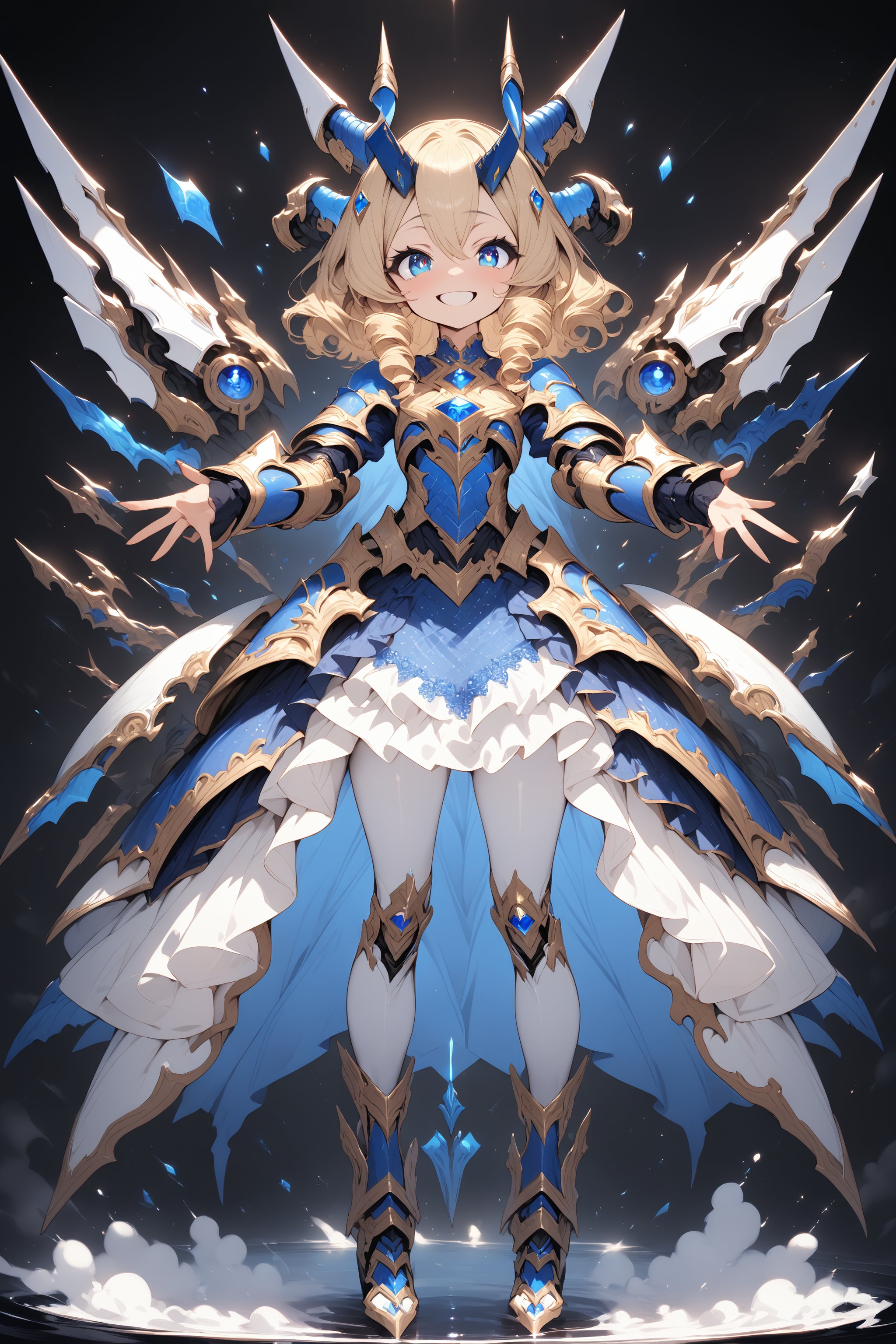 Prompts: masterpiece, best quality, extremely detailed, high resolution, Japanese anime,1girl,blonde hair, (short length hair:1.4), side braid hair, curly hair, wavy hair, drill hair, curl outward hair, (mechanical horn:1.5), mechanical wing, (blue eyes:1.5), (beautiful detailed eyes:1.4), laugh, 130cm tall, original character, fantasy, (black background:1.2), (full body:1.8), beautiful fingers, standing, (blue gold lace frill armor dress:1.5), (bejeweled headgear:1.5) , shoot from front, looking at viewer 

