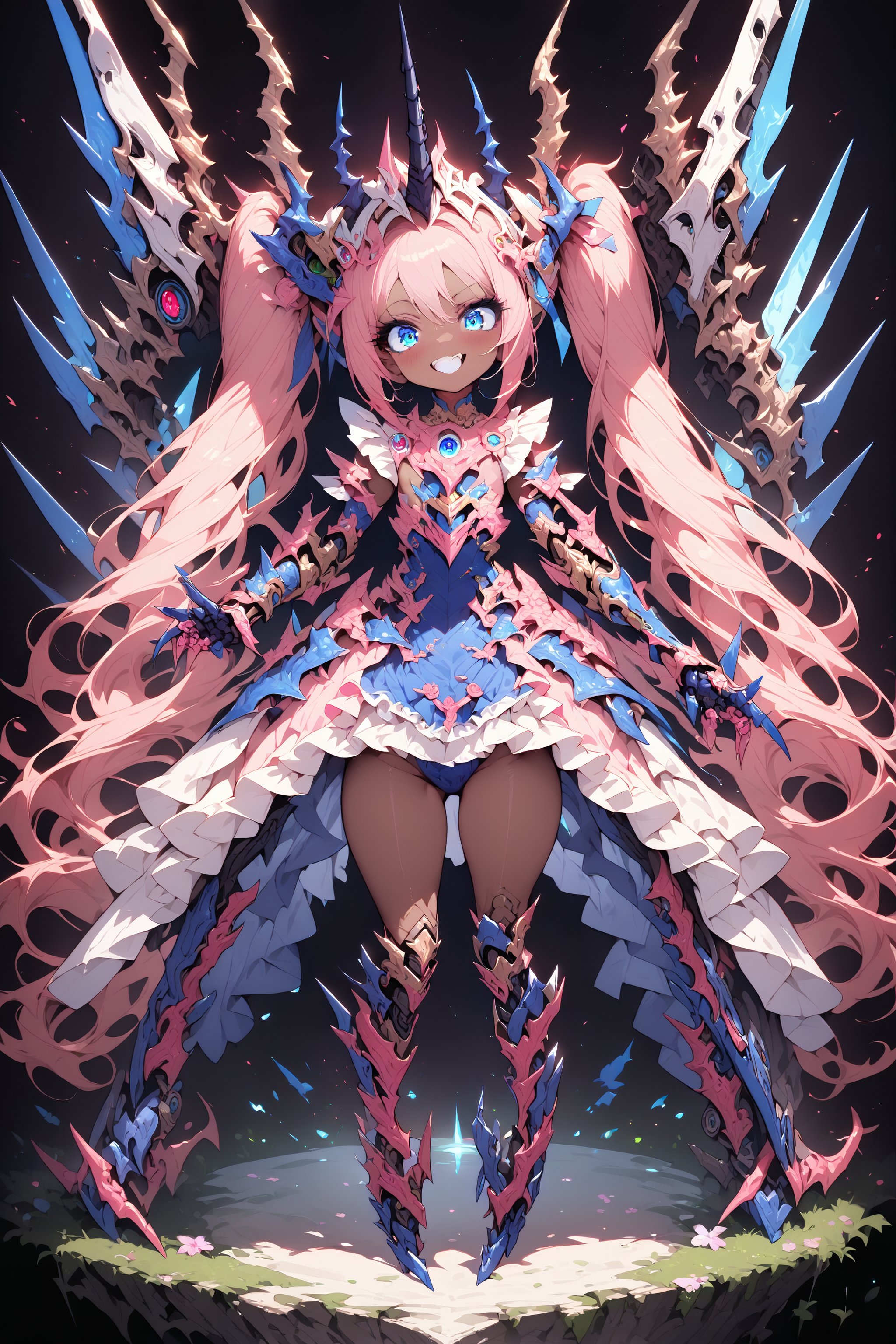  masterpiece, best quality, extremely detailed, high resolution, Japanese anime,1girl, (brown skin:1.2), pink hair, twintails,long hair, (mechanical dragonhorn:1.5), (mechanical wing:1.2), (eye lashes:1.3), (eye shadow:1.3), (blue eyes:1.5), (beautiful detailed eyes:1.4), laugh, 130cm tall, original character, fantasy, (black background:1.2), (full body:1.8), beautiful fingers, standing, (navy blue pink lace frill armor dress:1.5), (mechanical headdress:1.5) , shoot from front, looking at viewer ,