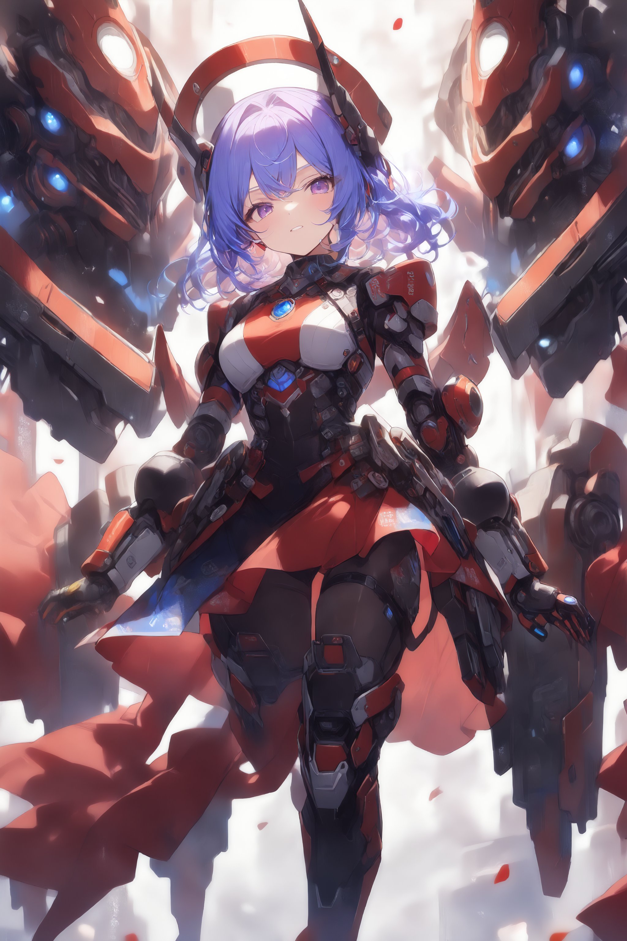 score_9, score_8_up, score_7_up, best quality ,masterpiece, 4k, Japanese anime, 1girl, (white skin:1.2), navy blue hair, medium length hair, blue ribbon, drill hair, wavy hair, (mechanical dragonhorn:1.5), (mechanical wing:1.2), (eye lashes:1.3), (eye shadow:1.3), blue eyes, (beautiful detailed eyes:1.4), laugh, 130cm tall, original character, fantasy, (white background:1.2), (full body:1.8), beautiful fingers, standing, (blue black lace frill armor dress:1.5), (mechanical headdress:1.5) , shoot from front, looking at viewer  , 