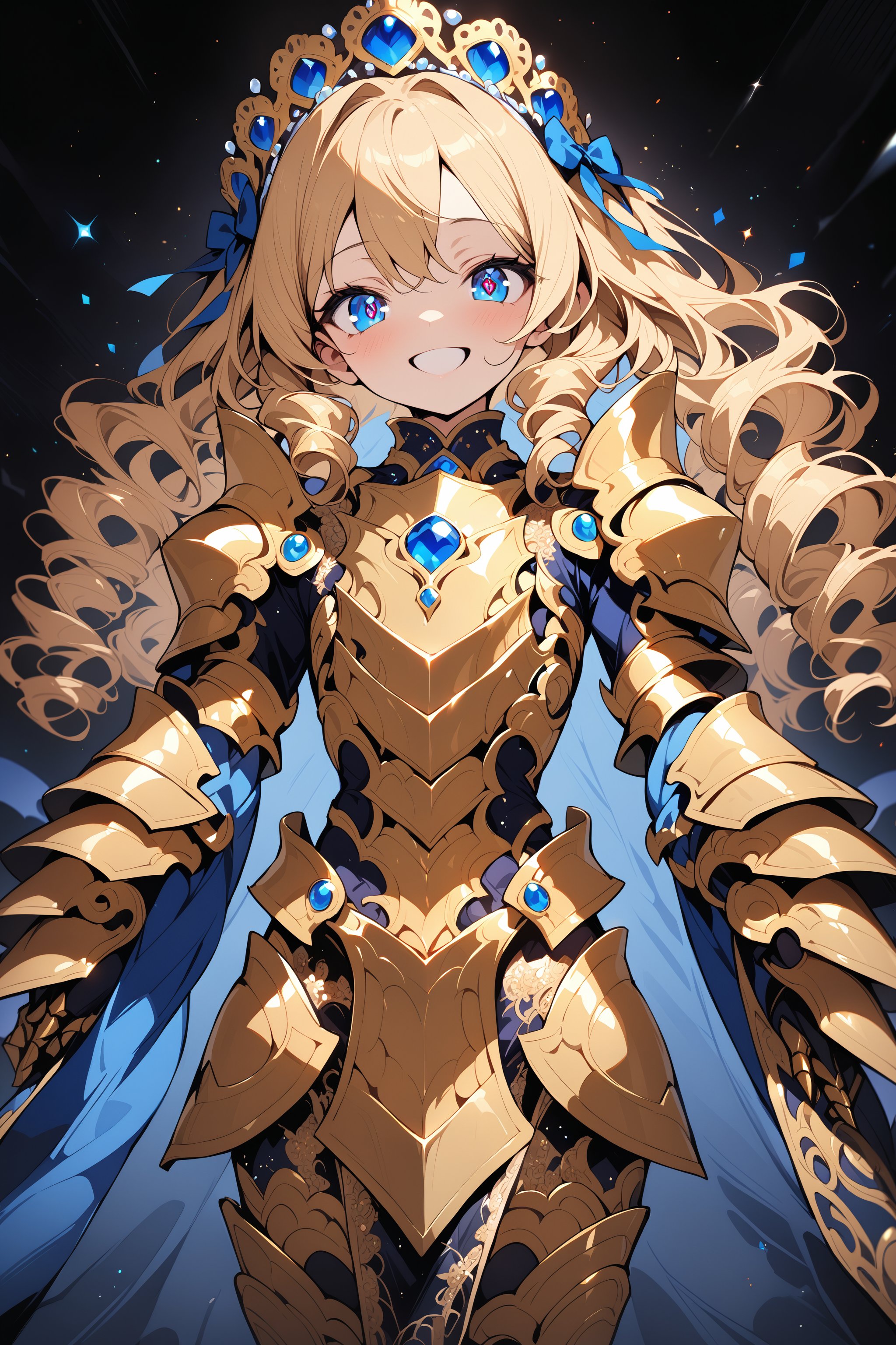 masterpiece, best quality, extremely detailed, high resolution, Japanese anime,1girl, blonde hair, (medium length hair:1.4), side braid hair, curly hair, wavy hair, drill hair, curl outward hair, (blue eyes:1.5), (beautiful detailed eyes:1.4), laugh, 12 -year-old , 145cm tall, original character, fantasy, (black background:1.2), full body, beautiful fingers, standing, (gold lace armor dress:1.5), (bejeweled headdress:1.5) , shoot from front, looking at viewer  ,