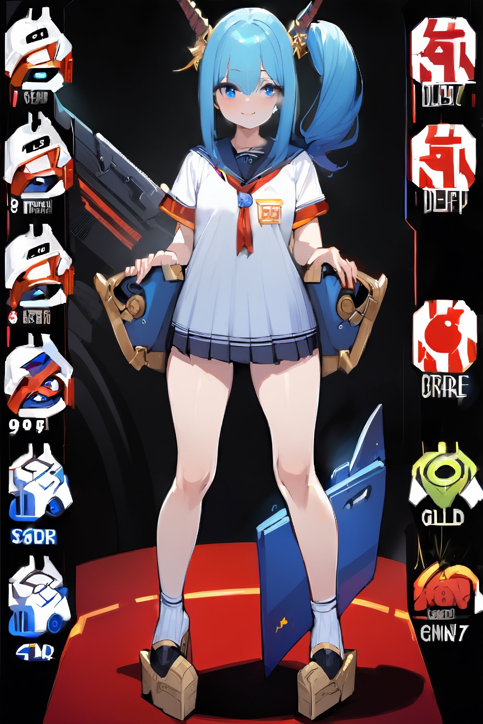 score_9, score_8_up, score_7_up, best quality ,masterpiece, 4k, Japanese anime, 1girl, blue hair, (side ponytail:1.5),giant blue ribbon, (mechanical dragonhorn:1.1), (eye lashes:1.3), (eye shadow:1.3),blue eyes, (beautiful detailed eyes:1.4), laugh, 160cm tall, original character, fantasy, (black background:1.2), (full body:1.8), beautiful fingers, standing, (black white School wear1.5),(GOLD STAR accessory:1.5) (mechanical headgear:1.1) ,axe to grind, shoot from front, looking at viewer,defBernie