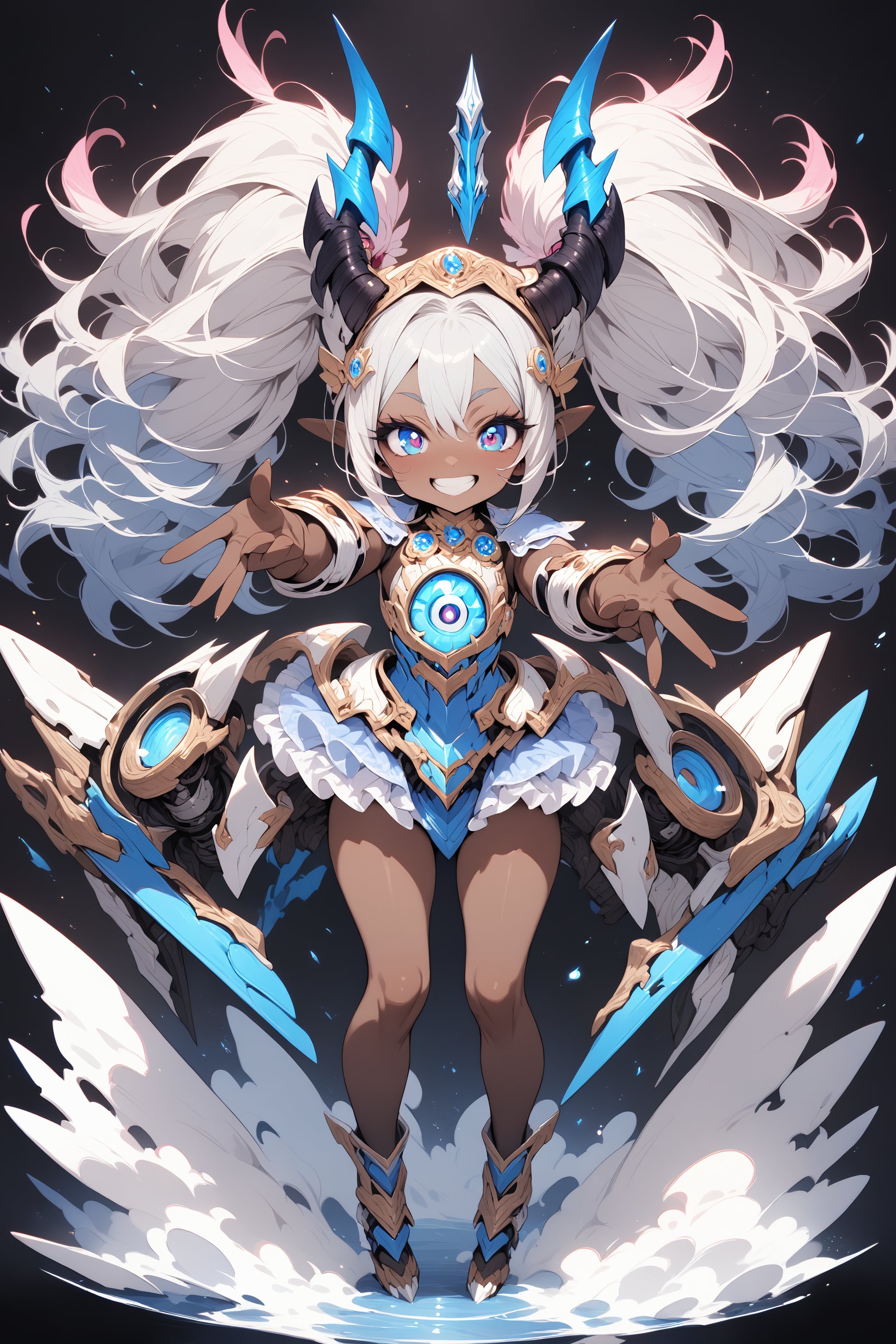 masterpiece, best quality, extremely detailed, high resolution, Japanese anime,1girl, (brown skin:1.2), silver hair, twintails, (mechanical dragonhorn:1.5), (mechanical wing:1.2), (eye lashes:1.3), (eye shadow:1.3), (blue eyes:1.5), (beautiful detailed eyes:1.4), laugh, 130cm tall, original character, fantasy, (black background:1.2), (full body:1.8), beautiful fingers, standing, (pink blue lace frill armor dress:1.5), (mechanical headdress:1.5) , shoot from front, looking at viewer ,

