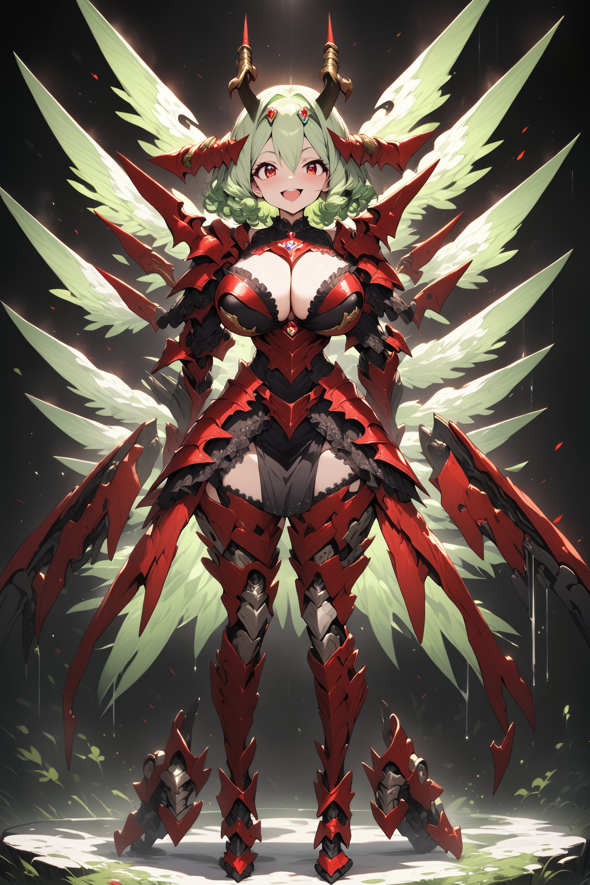 masterpiece, best quality, extremely detailed, high resolution, Japanese anime,1girl,light green hair, (short length hair:1.4), side braid hair, curly hair, wavy hair, (mechanical horn:1.5), mechanical wing, (red eyes:1.5), (beautiful detailed eyes:1.4), laugh, 130cm tall, original character, fantasy, (black background:1.2), (full body:1.8), beautiful fingers, (standing:1.8), huge breasts, (red blac lace frill armor dress:1.5), (bejeweled headgear:1.5) , shoot from front, looking at viewer


