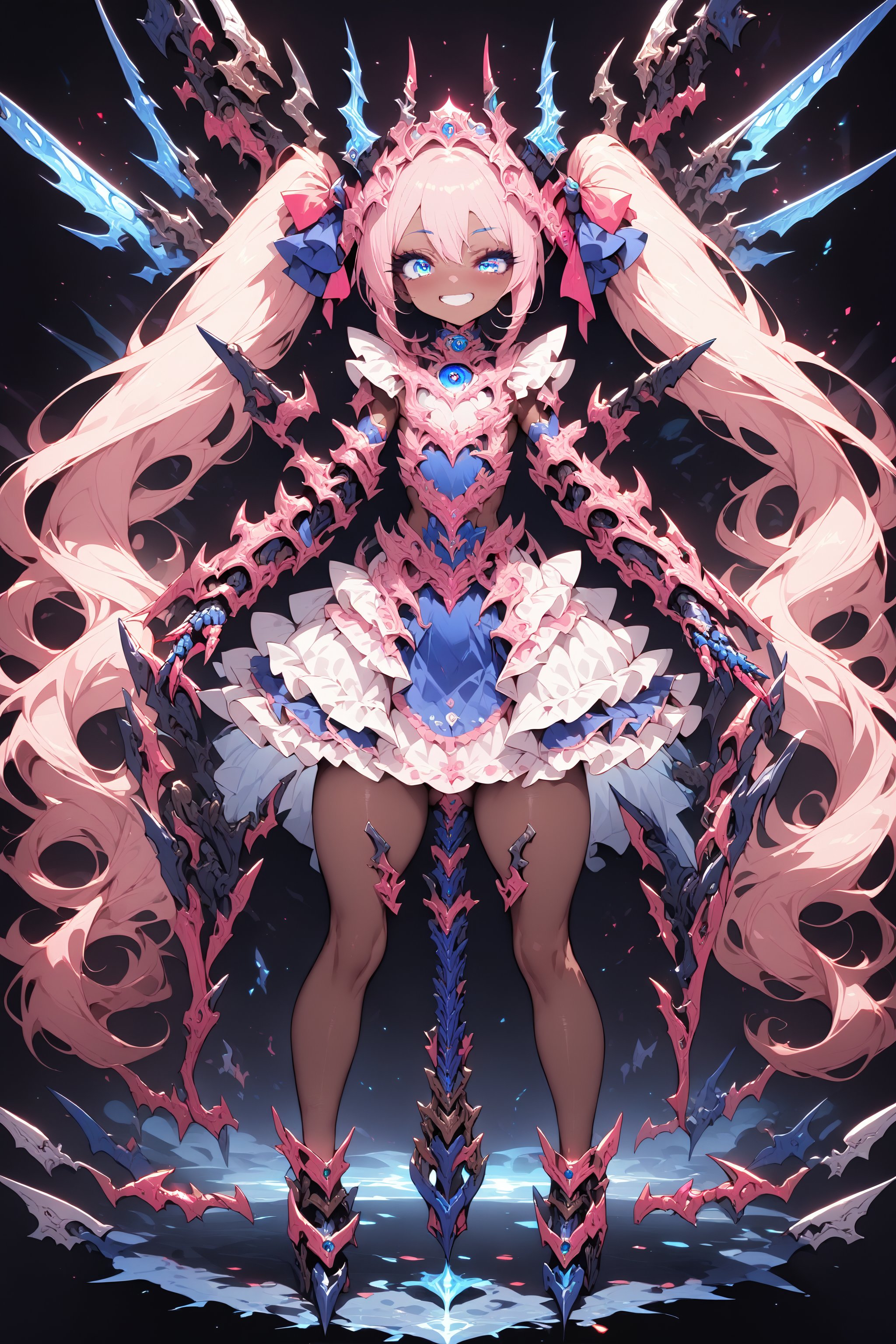  masterpiece, best quality, extremely detailed, high resolution, Japanese anime,1girl, (brown skin:1.2), pink hair, twintails,long hair, (mechanical dragonhorn:1.5), (mechanical wing:1.2), (eye lashes:1.3), (eye shadow:1.3), (blue eyes:1.5), (beautiful detailed eyes:1.4), laugh, 130cm tall, original character, fantasy, (black background:1.2), (full body:1.8), beautiful fingers, standing, (navy blue pink lace frill armor dress:1.5), (mechanical headdress:1.5) , shoot from front, looking at viewer ,
