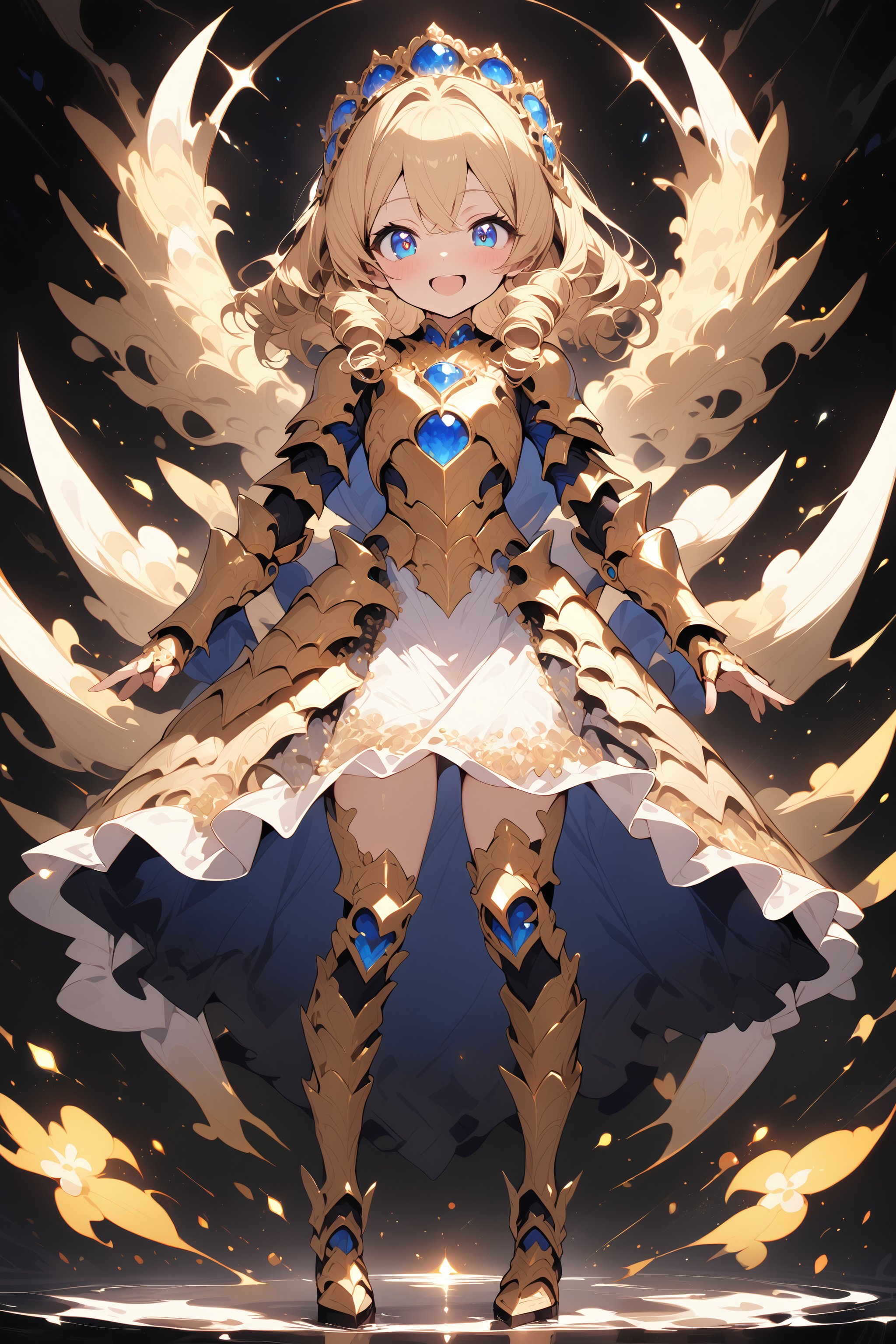 masterpiece, best quality, extremely detailed, high resolution, Japanese anime,1girl, blonde hair, (medium length hair:1.4), side braid hair, curly hair, wavy hair, drill hair, curl outward hair, (blue eyes:1.5), (beautiful detailed eyes:1.4), laugh, 12 -year-old , 145cm tall, original character, fantasy, (black background:1.2), (full body:1.8), beautiful fingers, standing, (gold lace armor dress:1.5), (bejeweled headdress:1.5) , shoot from front, looking at viewer  ,