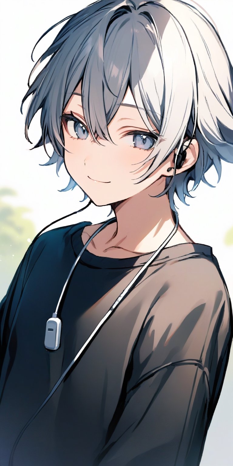 looking at viewer, short hair, blue eyes, simple background, shirt, 1boy, holding, hair between eyes, closed mouth, black shirt, white hair, male focus, gray eyes, earphones, smilling