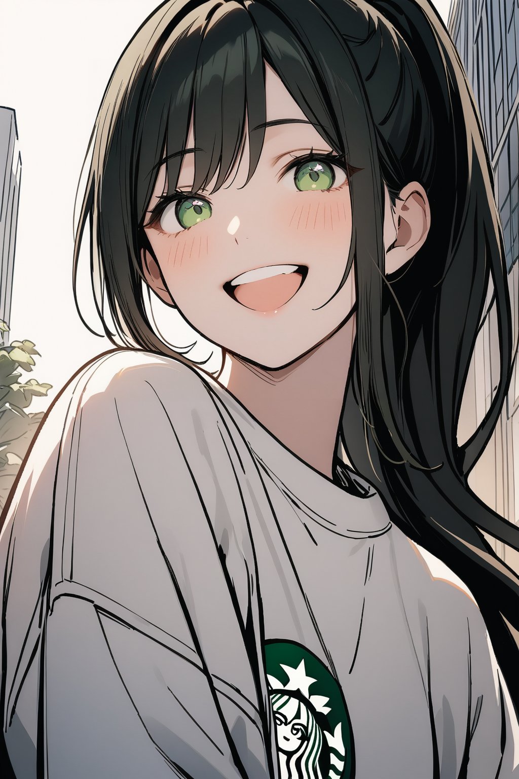 1girl, solo_female, long hair, black hair, ponytail, masterpiece, white sweatshirt, deep green eyes, smiling, happy, laughing, looking_at_the_viewer, wearing white denim shorts, portrait, tall girl, simple_background, outdoors in a city, starbucks, bright lighting, dramatic lighting, beautiful, lineart,txznf, standing