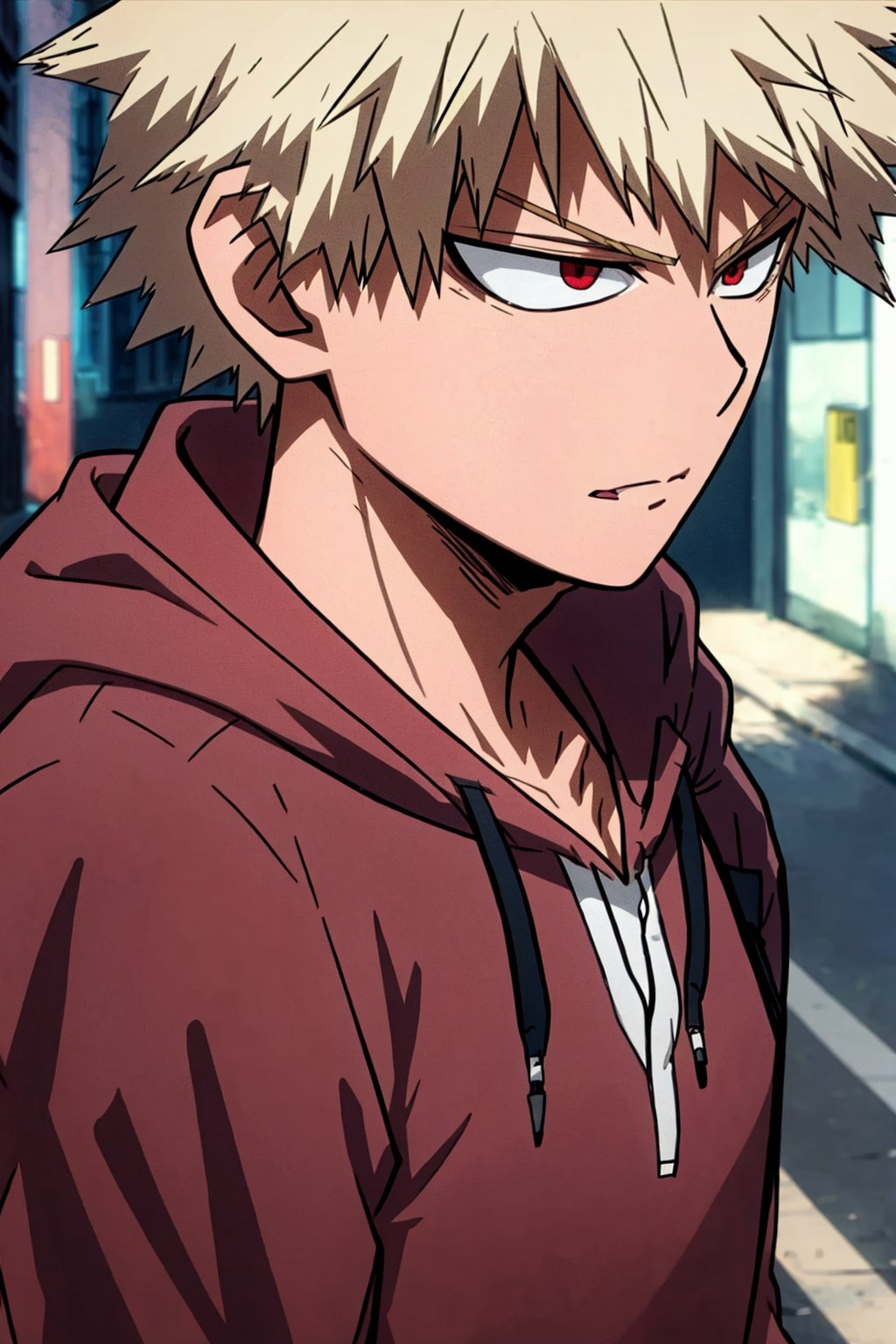 1boy,Blonde hair, Short hair ,Red eyes, short hair, red hoodie, street, walking, close up