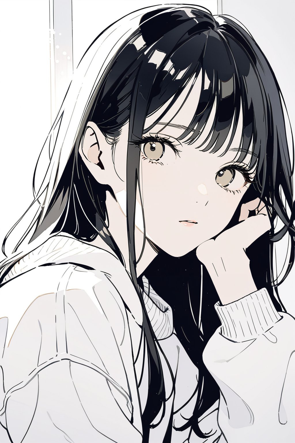 1girl, solo_female, long hair, black hair, masterpiece, white sweatshirt, gold eyes, cold expression, looking_at_the_viewer, wearing white denim shorts, portrait, closeup, tall girl, simple_background, indoors, chinese interior, rim lighting, dramatic lighting, beautiful, lineart,txznf