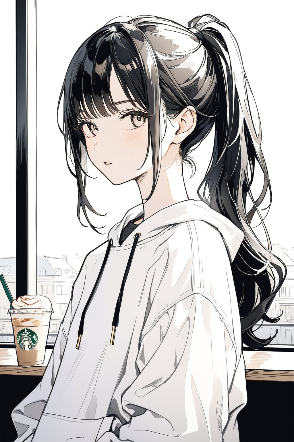 1girl, solo_female, long hair, black hair, ponytail, masterpiece, white sweatshirt, gold eyes, cold expression, looking_at_the_viewer, wearing white denim shorts, portrait, closeup, tall girl, simple_background, outdoors in a cafe, starbucks, bright lighting, dramatic lighting, beautiful, lineart,txznf, standing