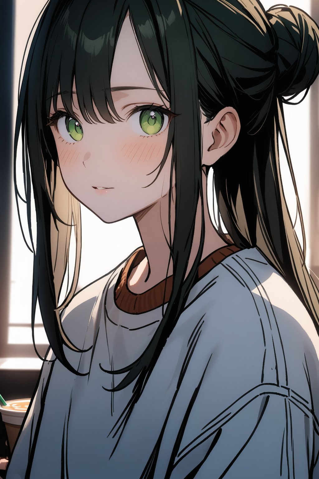 1girl, solo_female, long hair, black hair, buns, masterpiece, white sweatshirt, deep green eyes, cold expression, looking_at_the_viewer, wearing white denim shorts, portrait, closeup, tall girl, simple_background, outdoors in a cafe, starbucks, bright lighting, dramatic lighting, beautiful, lineart,txznf, standing