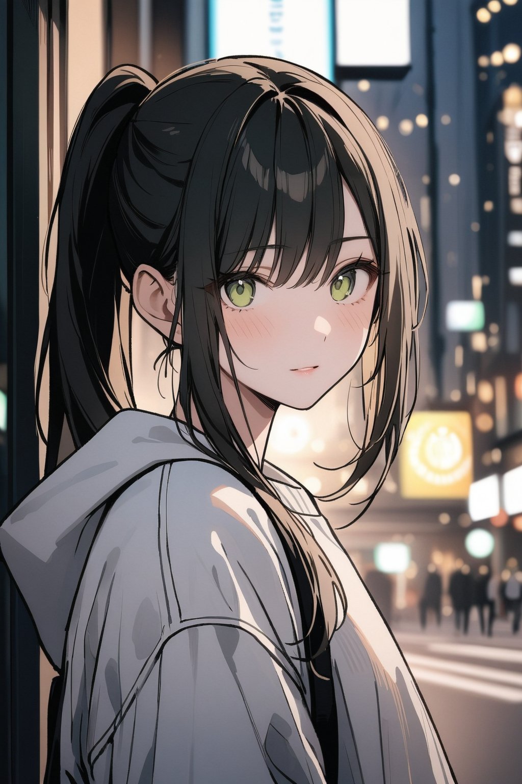1girl, solo_female, long hair, black hair, ponytail, masterpiece, white sweatshirt, deep green eyes, cold expression, looking_at_the_viewer, wearing white denim shorts, portrait, tall girl, simple_background, outdoors in a city, starbucks, bright lighting, dramatic lighting, beautiful, lineart,txznf, standing
