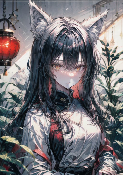 1girl, solo_female, long hair, black hair, masterpiece, wolf ears, wolf tail, white wolf ears, white wolf tail, white sweatshirt, gold eyes,  cold expression, looking_at_the_viewer, wearing white denim shorts, portrait, closeup, tall girl, simple_background, indoors, chinese interior, rim lighting, dramatic lighting, beautiful, lineart,txznf